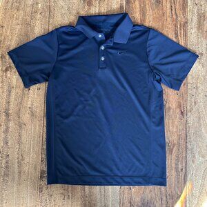EUC NIKE Polo Shirt Mens Large Navy Swoosh Logo Performance Golf Classic Dri FIT